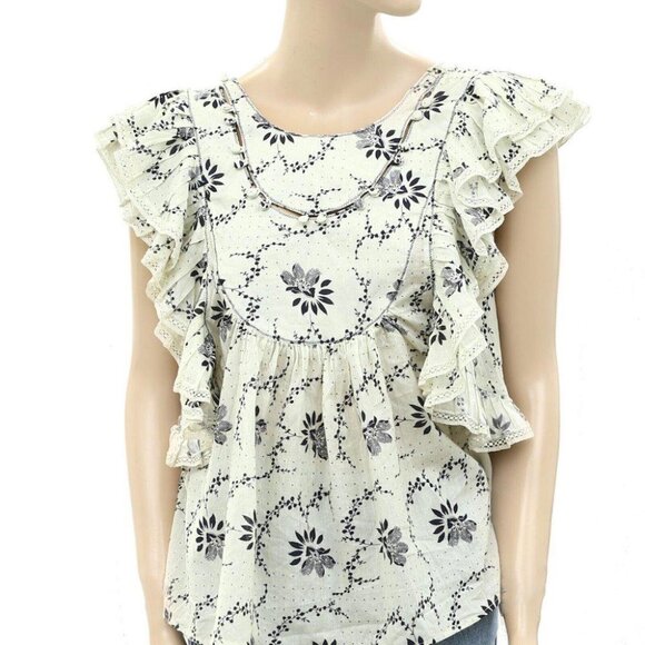 Sea New York Tatiana Ruffle Blouse Top Printed Lace Flutter Sleeve XS - Picture 2 of 4